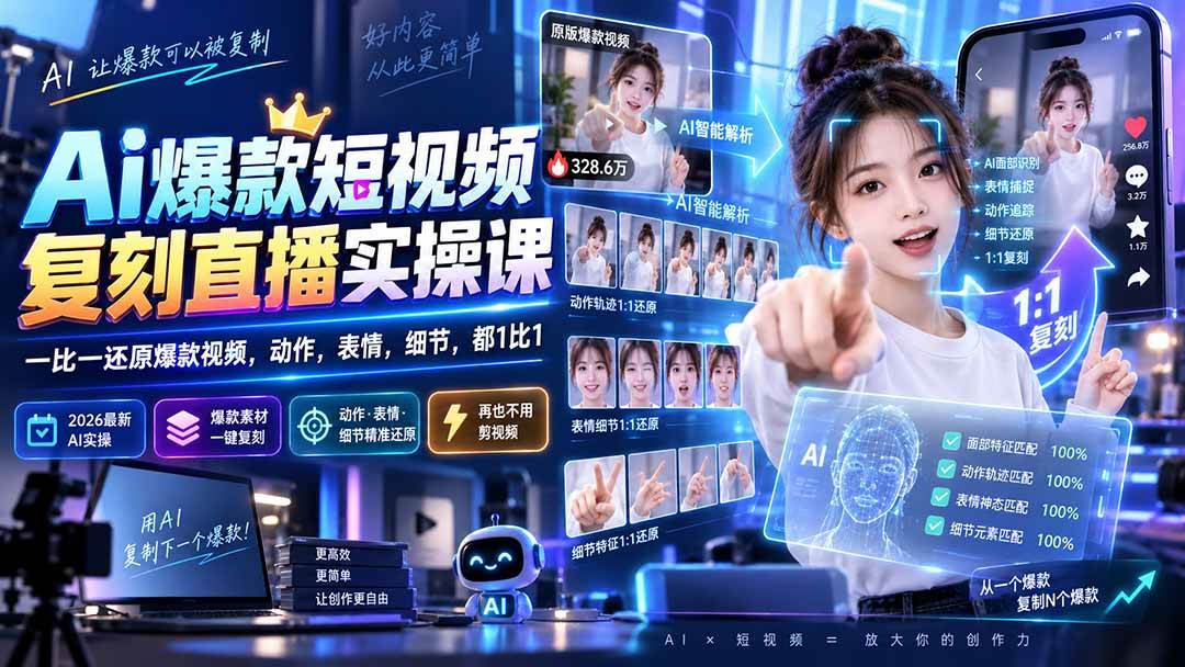 （20304期）最新Ai爆款短视频复刻直播实操课，一比一还原爆款视频，动作，表情，细节，都1比1-宝藏屋创业网