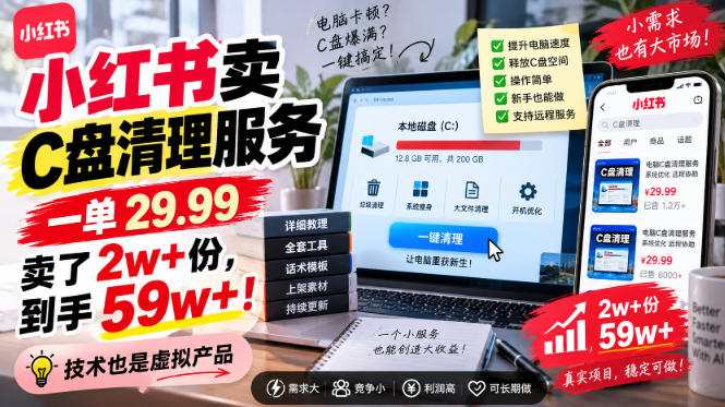 小红书卖C盘清理服务，一单29.99，卖了2w+份，技术也是虚拟产品-宝藏屋创业网