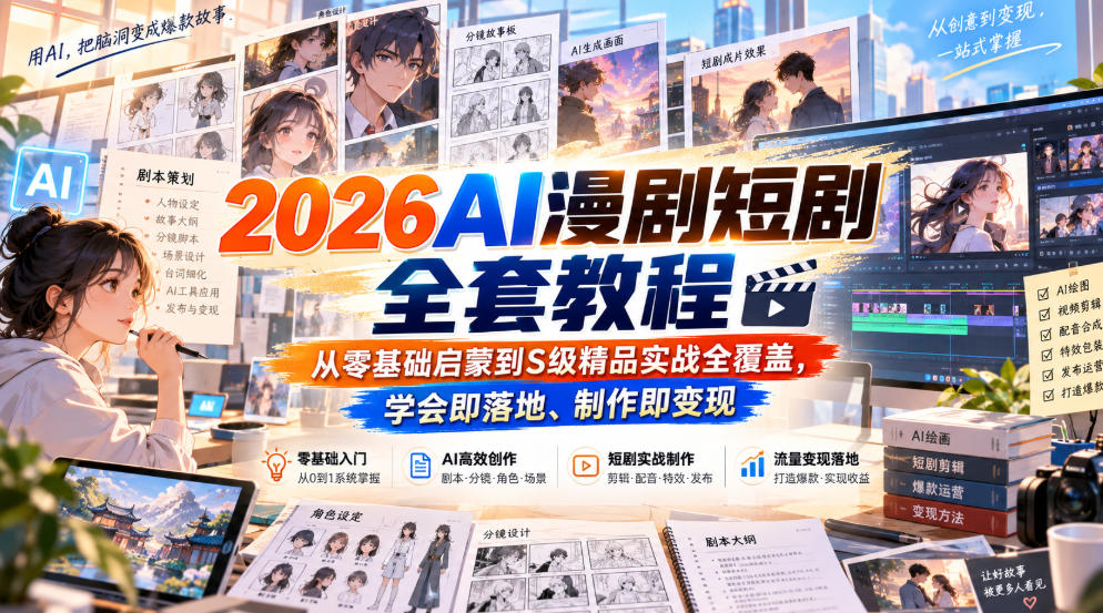 2026AI漫剧短剧全套教程,从零基础启蒙到S级精品实战全覆盖,学会即落地、制作即变现 2026AI漫剧短剧全套教程,从零基础启蒙到S级精品实战全覆盖,学会即落地、制作即变现