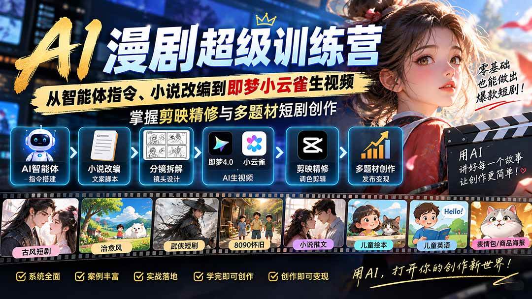 （20491期）AI漫剧超级特训营：从智能体指令、小说改编到即梦小云雀生视频，掌握剪映精修与多题材短剧创作-宝藏屋创业网