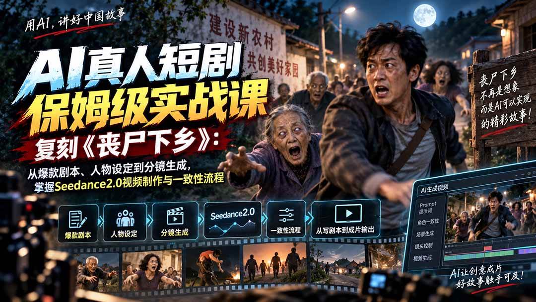 (20360期)AI真人短剧保姆级实战课,复刻《丧尸下乡》:从爆款剧本、人物设定到分镜生成,掌握Seedance2.0视频制作与一致性流程 (20360期)AI真人短剧保姆级实战课,复刻《丧尸下乡》:从爆款剧本、人物设定到分镜生成,掌握Seedance2.0视频制作与一致性流程