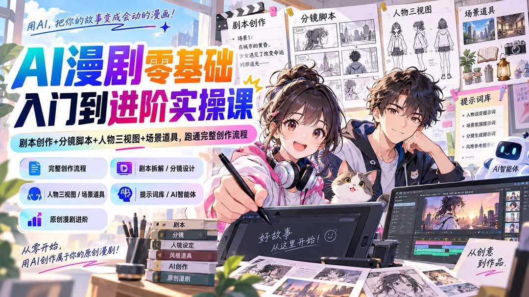 （20352期）AI漫剧零基础入门到进阶实操课：剧本创作+分镜脚本+人物三视图+场景道具，跑通完整创作流程-宝藏屋创业网
