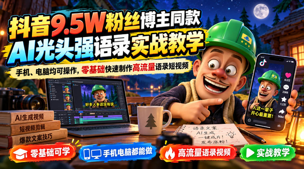 抖音9.5W粉丝博主同款AI光头强语录实战教学，手机、电脑均可操作，零基础快速制作高流量语录短视频-宝藏屋创业网