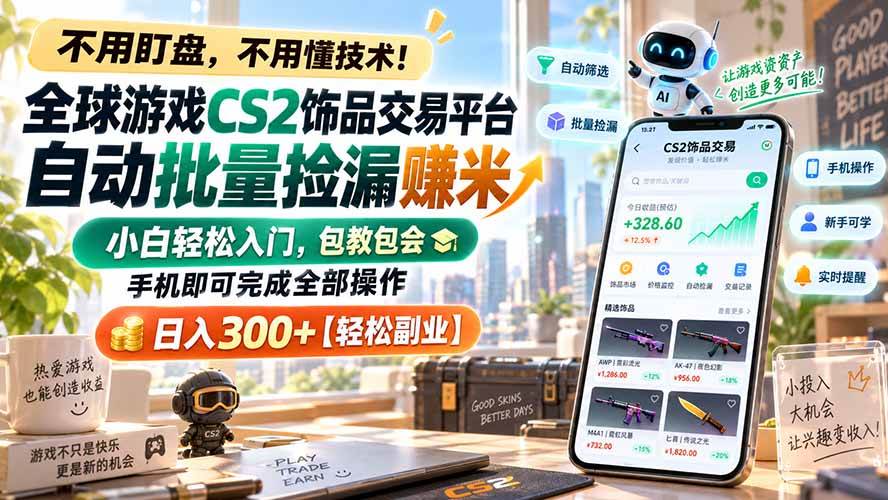 （20454期）全球游戏CS2饰品交易平台自动批量捡漏赚米，小白轻松入门，包教包会，手机即可完成全部操作，日入300+【轻松副业】-宝藏屋创业网