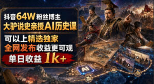 抖音64W粉丝博主大驴说史亲授AI历史课,可以上精选独家,全网发布收益更可观,单日收益1k+(更新)-宝藏屋创业网