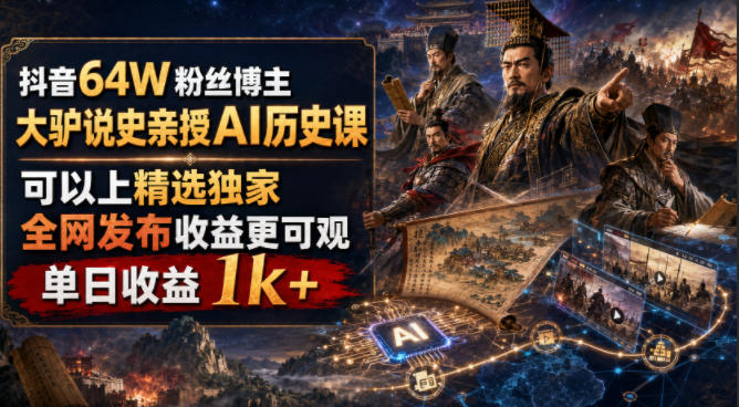 抖音64W粉丝博主大驴说史亲授AI历史课,可以上精选独家,全网发布收益更可观,单日收益1k+(更新) 抖音64W粉丝博主大驴说史亲授AI历史课,可以上精选独家,全网发布收益更可观,单日收益1k+(更新)