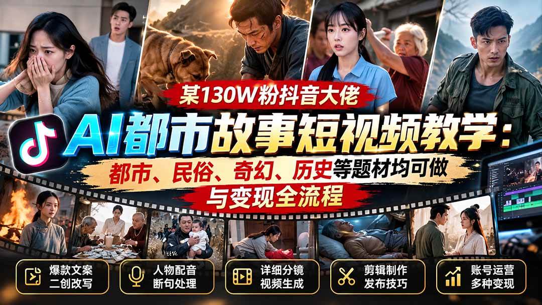 （20692期）某130W粉抖音大佬AI都市故事短视频教学：都市、民俗、奇幻、历史等题材均可做与变现全流程-宝藏屋创业网