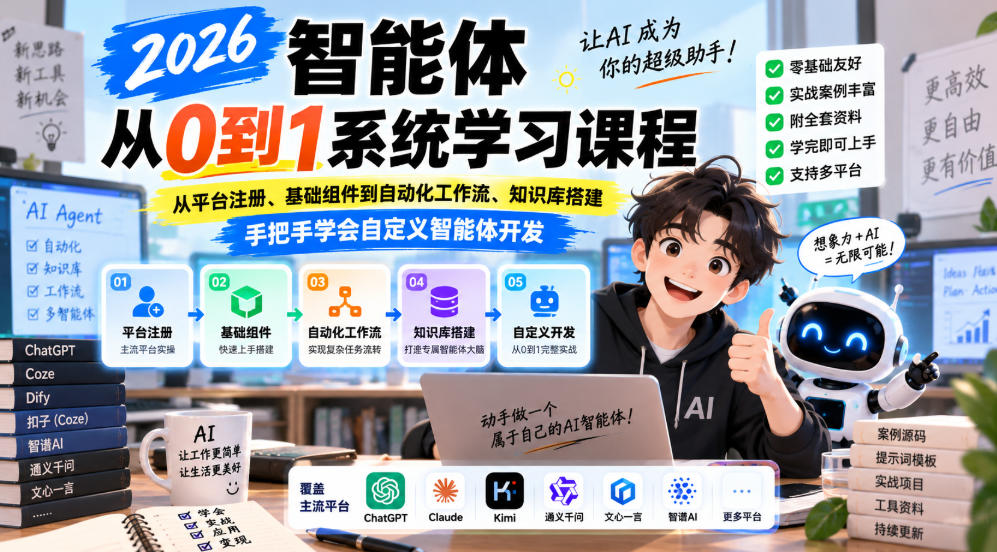 2026智能体从0到1系统学习课程，从平台注册、基础组件到自动化工作流、知识库搭建，手把手学会自定义智能体开发-宝藏屋创业网