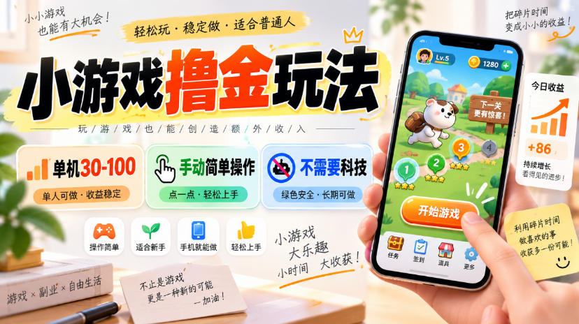 小游戏撸金玩法，单机30-100，手动简单操作，不需要科技-宝藏屋创业网