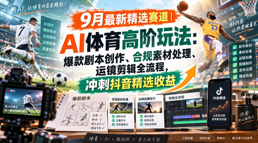 某大佬的9月最新精选赛道之AI体育顶级玩法,爆款剧本创作、版权规避、运镜剪辑全流程,稳拿抖音精选收益 某大佬的9月最新精选赛道之AI体育顶级玩法,爆款剧本创作、版权规避、运镜剪辑全流程,稳拿抖音精选收益