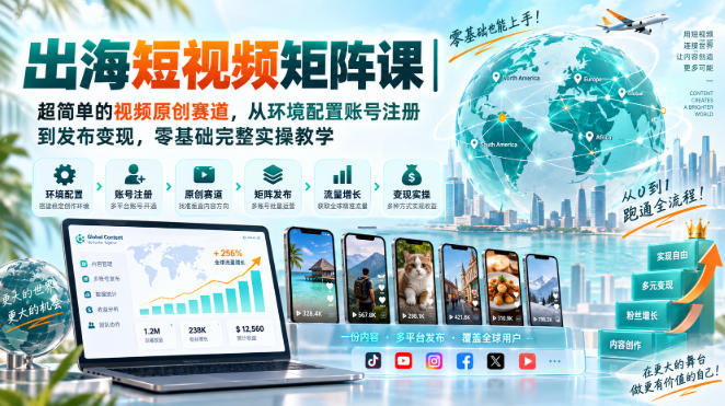 出海短视频矩阵课|超简单的视频原创赛道,从环境配置账号注册到发布变现,零基础完整实操教学 出海短视频矩阵课|超简单的视频原创赛道,从环境配置账号注册到发布变现,零基础完整实操教学