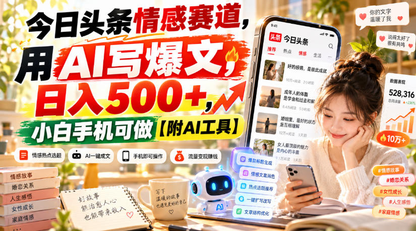今日头条情感赛道,用AI写爆文,日入500+,小白手机可做【附AI工具】 今日头条情感赛道,用AI写爆文,日入500+,小白手机可做【附AI工具】