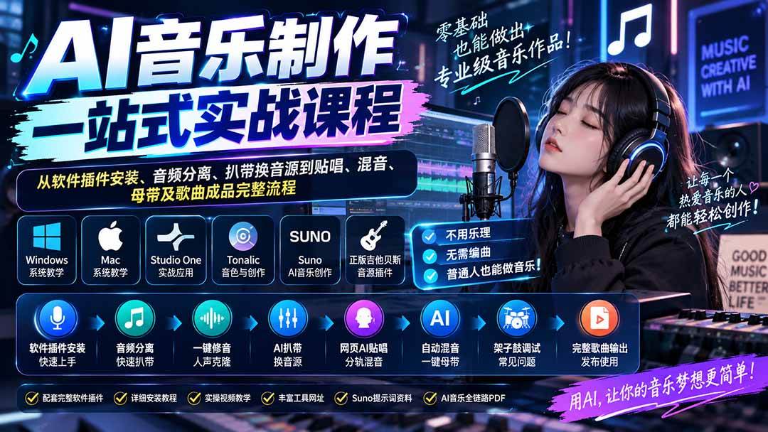 （20490期）AI音乐制作一站式实战课程：从软件插件安装、音频分离、扒带换音源到贴唱、混音、母带及歌曲成品完整流程-宝藏屋创业网