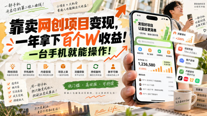 靠卖网创项目变现，一年拿下百个W收益！一台手机就能操作！【揭秘】-宝藏屋创业网