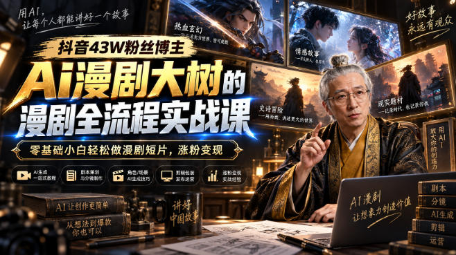 抖音43W粉丝博主Ai漫剧大树的漫剧制作全流程实战课，零基础小白轻松做漫剧短片，涨粉变现-宝藏屋创业网