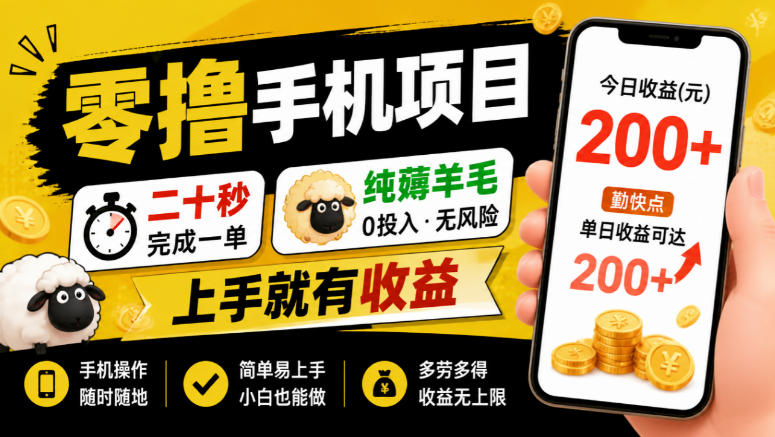 零撸手机项目，二十秒完成一单，纯薅羊毛，上手就有收益，勤快点单日收益可达200+【揭秘】-宝藏屋创业网
