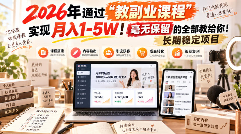 2026年通过“教副业课程”实现月入1-5W！毫无保留的全部教给你！长期稳定项目【揭秘】-宝藏屋创业网