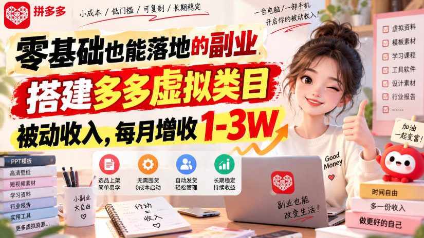 零基础也能落地的副业，搭建多多虚拟类目被动收入，每月增收1-3W【揭秘】-宝藏屋创业网