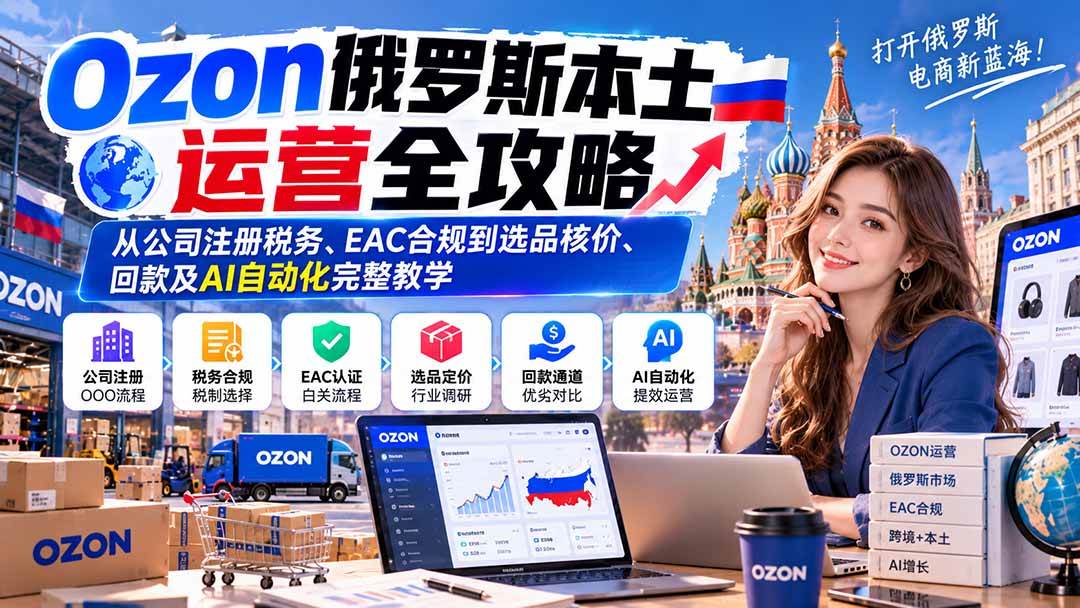 （20851期）Ozon俄罗斯本土运营全攻略：从公司注册税务、EAC合规到选品核价、回款及AI自动化完整教学-宝藏屋创业网