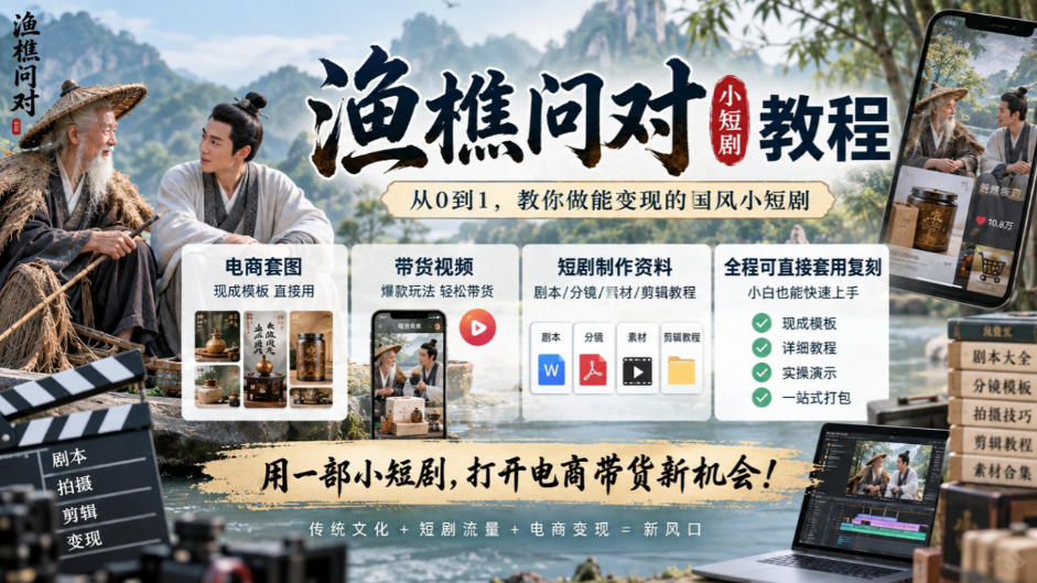 渔樵问对小短剧教程，包含电商套图、带货视频，短剧制作资料，全程可直接套用复刻-宝藏屋创业网