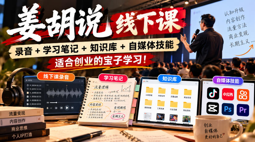 姜胡说线下课录音＋学习笔记＋知识库＋自媒体技能，适合创业的宝子学习！-宝藏屋创业网