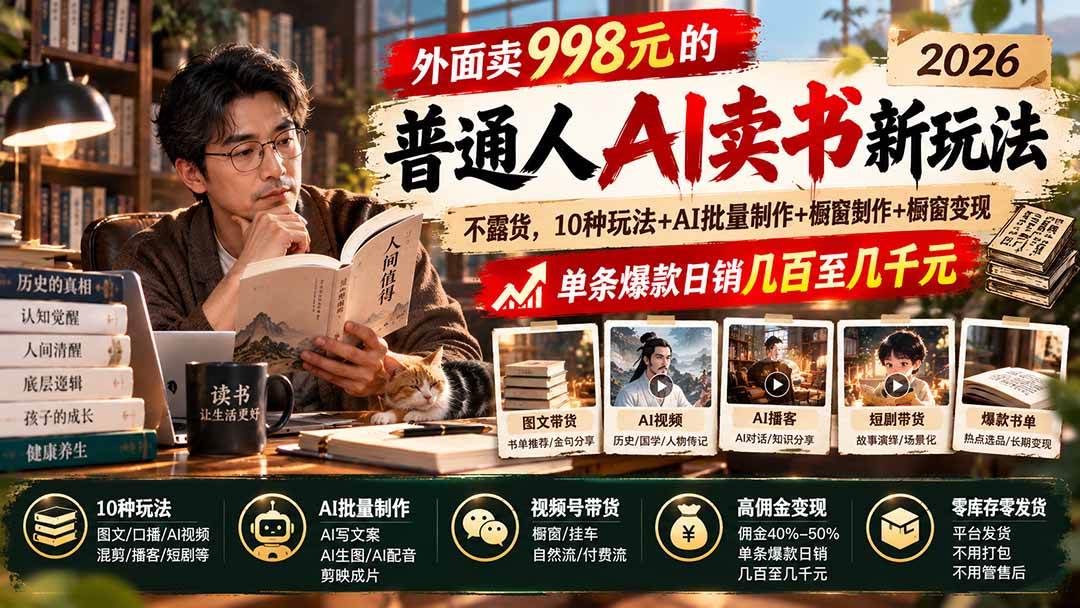 （20909期）外面卖998元的2026普通人AI卖书新玩法：不露脸、不囤货，10种玩法+AI批量制作+橱窗变现，单条爆款日销几百至几千元