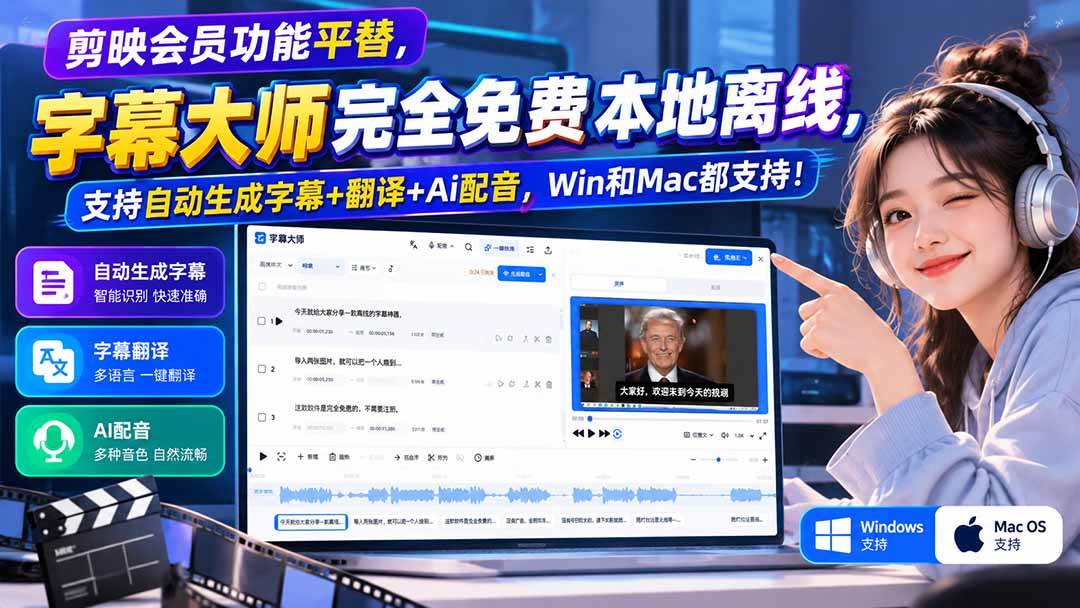 （20902期）剪映会员功能平替，字幕大师完全免费本地离线，支持自动生成字幕+翻译+Ai配音，Win和Mac都支持！-宝藏屋创业网