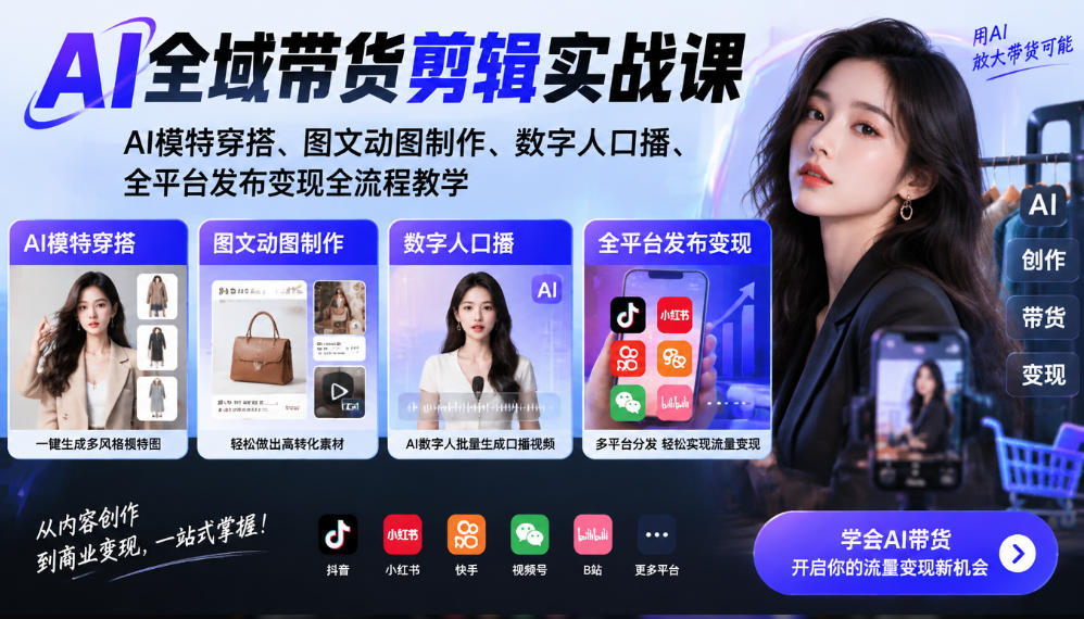 AI全域带货剪辑实战课|AI模特穿搭、图文动图制作、数字人口播、全平台发布变现全流程教学 AI全域带货剪辑实战课|AI模特穿搭、图文动图制作、数字人口播、全平台发布变现全流程教学
