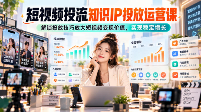 短视频投流知识IP投放运营课，解锁投放技巧放大短视频变现价值，实现稳定增长-宝藏屋创业网