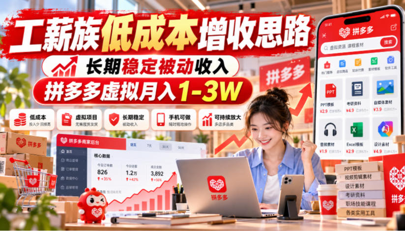 工薪族低成本增收思路，长期稳定被动收入，拼多多虚拟月入1-3W-宝藏屋创业网