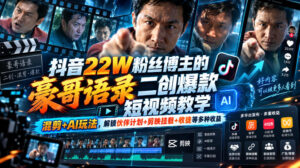 抖音22W粉丝博主的豪哥语录二创爆款短视频教学,混剪+AI玩法,解锁伙伴计划+剪映挂载+收徒等多种收益-宝藏屋创业网