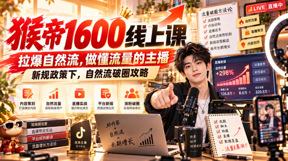 猴帝1600线上课，拉爆自然流，做懂流量的主播，新规政策下，自然流破圈攻略【更新261017】-宝藏屋创业网