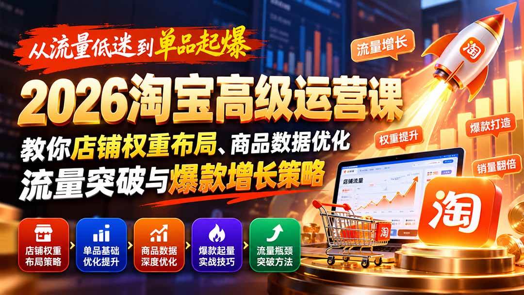 （20952期）从流量低迷到单品起爆：2026淘宝高级运营课教你店铺权重布局、商品数据优化、流量突破与爆款增长策略-宝藏屋创业网