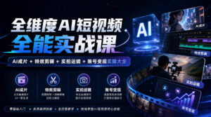 全维度AI短视频全能实战课，AI成片+特效剪辑+实拍运镜+账号变现实操大全-宝藏屋创业网