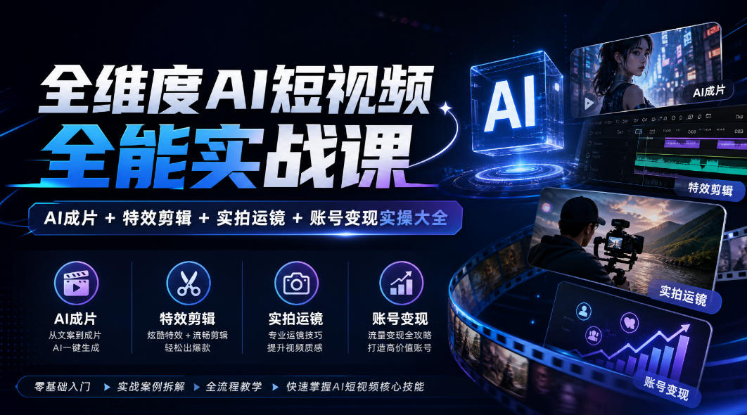 全维度AI短视频全能实战课，AI成片+特效剪辑+实拍运镜+账号变现实操大全-宝藏屋创业网