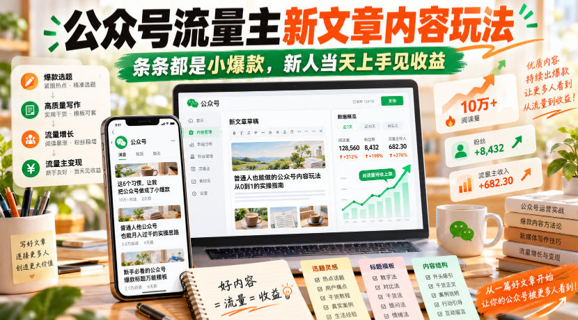 公众号流量主新文章内容玩法，条条都是小爆款，新人当天上手见收益-宝藏屋创业网