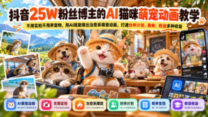 抖音25W粉丝博主的AI猫咪萌宠动画教学,不用实拍不用养宠物,用AI就能做出治愈系萌宠动画,打通伙伴计划、商单、收徒多种收益-宝藏屋创业网