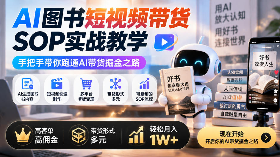 AI图书短视频带货SOP实战教学，手把手带你跑通AI带货掘金之路，高客单高佣金，带货形式多元，轻松月入1W+（完结）-宝藏屋创业网