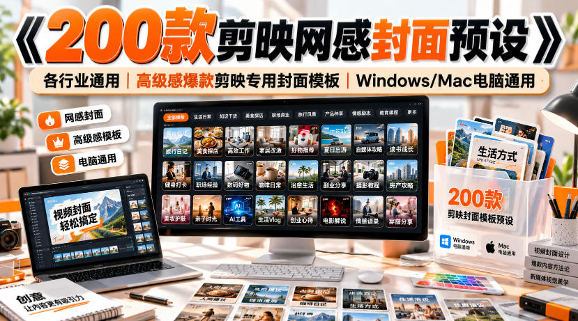 《200款剪映网感封面预设》各行业通用｜高级感爆款剪映专用封面模板｜Windows/Mac电脑通用-宝藏屋创业网