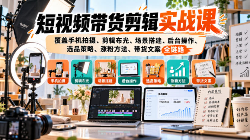 短视频带货剪辑实战课，覆盖手机拍摄、剪辑布光、场景搭建、后台操作、选品策略、涨粉方法、带货文案全链路-宝藏屋创业网