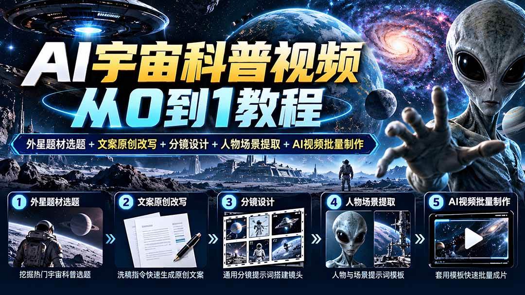 （20774期）AI宇宙科普视频从0到1教程｜外星题材选题+文案原创改写+分镜设计+人物场景提取+AI视频批量制作-宝藏屋创业网