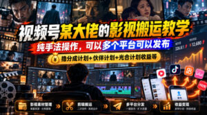 视频号某大佬的影视搬运教学,纯手法操作,可以多个平台可以发布,撸分成计划+伙伴计划+光合计划收益等-宝藏屋创业网
