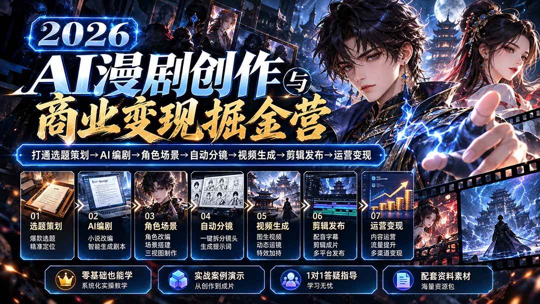 （20906期）【无水印】2026AI漫剧创作与商业变现掘金营：打通选题→AI编剧→角色场景→自动分镜→视频生成→剪辑发布→运营变现-宝藏屋创业网