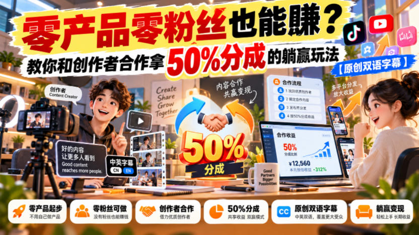 【无水印】零产品零粉丝也能賺？教你和创作者合作拿50%分成的躺赢玩法【原创双语字幕】-宝藏屋创业网