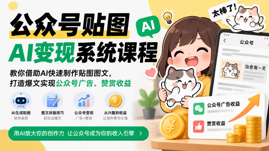 公众号贴图AI变现系统课程|教你借助AI快速制作贴图图文,打造爆文实现公众号广告、赞赏收益 公众号贴图AI变现系统课程|教你借助AI快速制作贴图图文,打造爆文实现公众号广告、赞赏收益