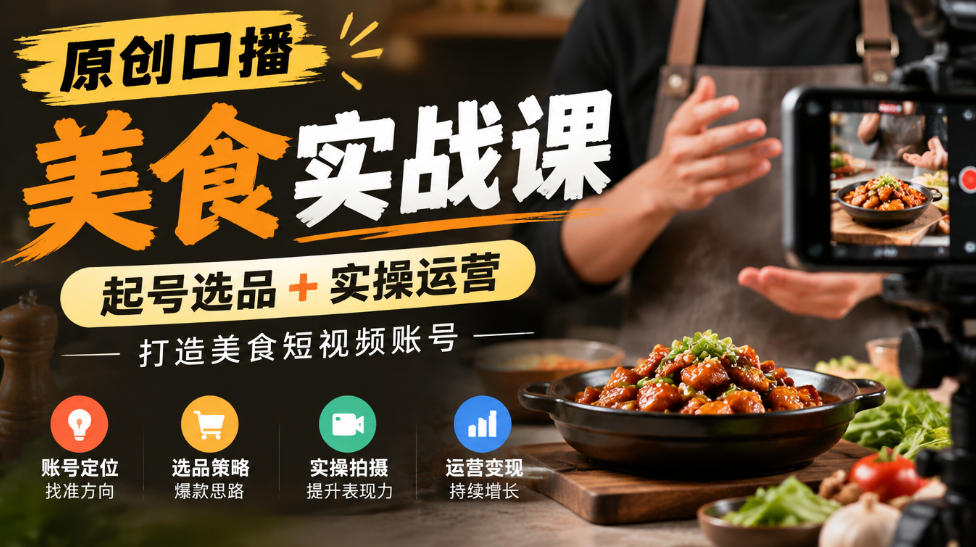 原创口播美食实战课，起号选品+实操运营，打造美食短视频账号-宝藏屋创业网