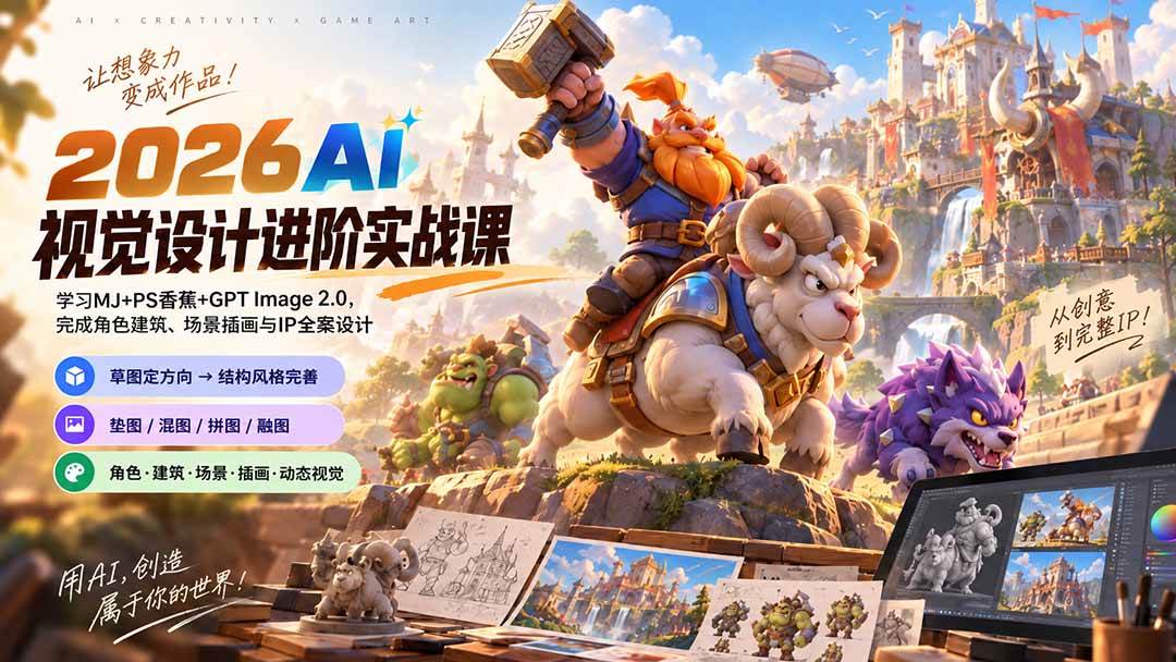 （20852期）2026AI视觉设计进阶实战课-更新1007：学习MJ+PS香蕉+GPT Image 2.0，完成角色建筑、场景插画与IP全案设计