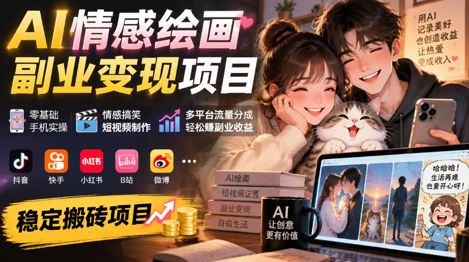 AI情感绘画副业变现项目｜零基础手机实操，情感搞笑短视频制作，多平台流量分成轻松賺副业收益-宝藏屋创业网