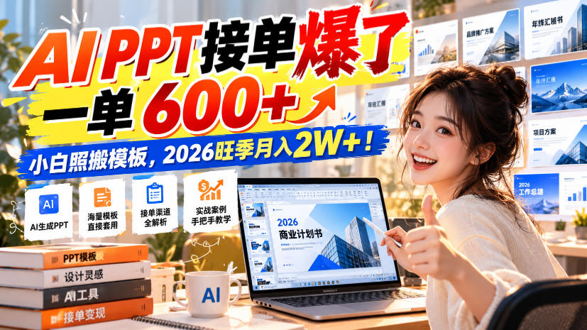 AI PPT接单爆了，一单600+，小白照搬模板，2026旺季月入2W+！-宝藏屋创业网