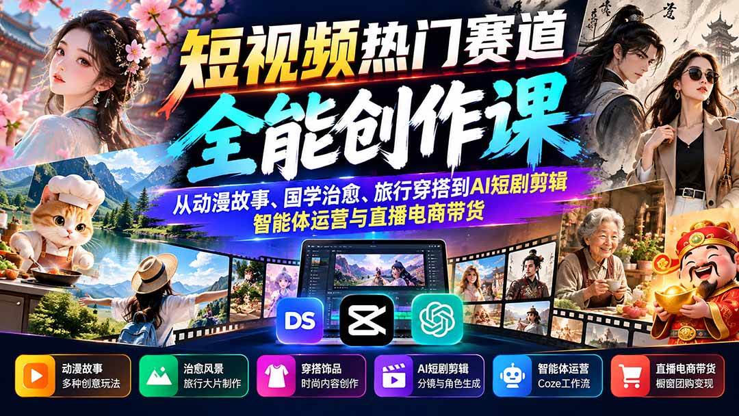 （20956期）短视频热门赛道全能创作课：从动漫故事、国学治愈、旅行穿搭到AI短剧剪辑、智能体运营与直播电商带货-宝藏屋创业网